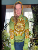green and orange tie-dye hoodie with a mandala