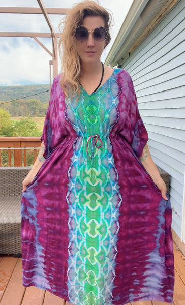 Tie dye caftan, cinched kaftan