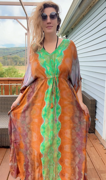 Tie dye caftan, cinched kaftan