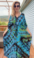 Tie dye caftan, cinched kaftan