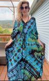 Tie dye caftan, cinched kaftan