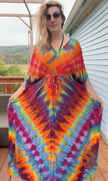 Tie dye caftan, cinched kaftan