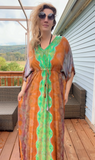 Tie dye caftan, cinched kaftan